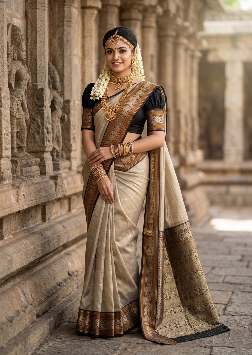Southloom Pure Handloom Bridal Kanchipuram Silk Saree with Korvai Work (Grey & Black)