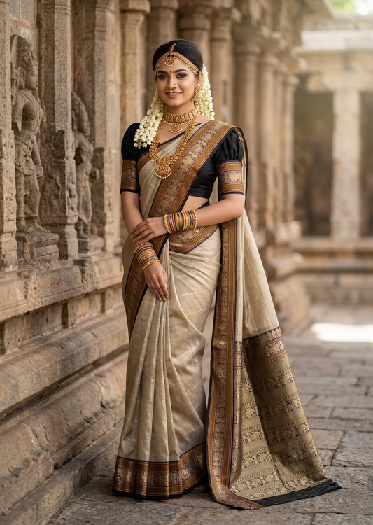 Southloom Pure Handloom Bridal Kanchipuram Silk Saree with Korvai Work (Grey & Black)