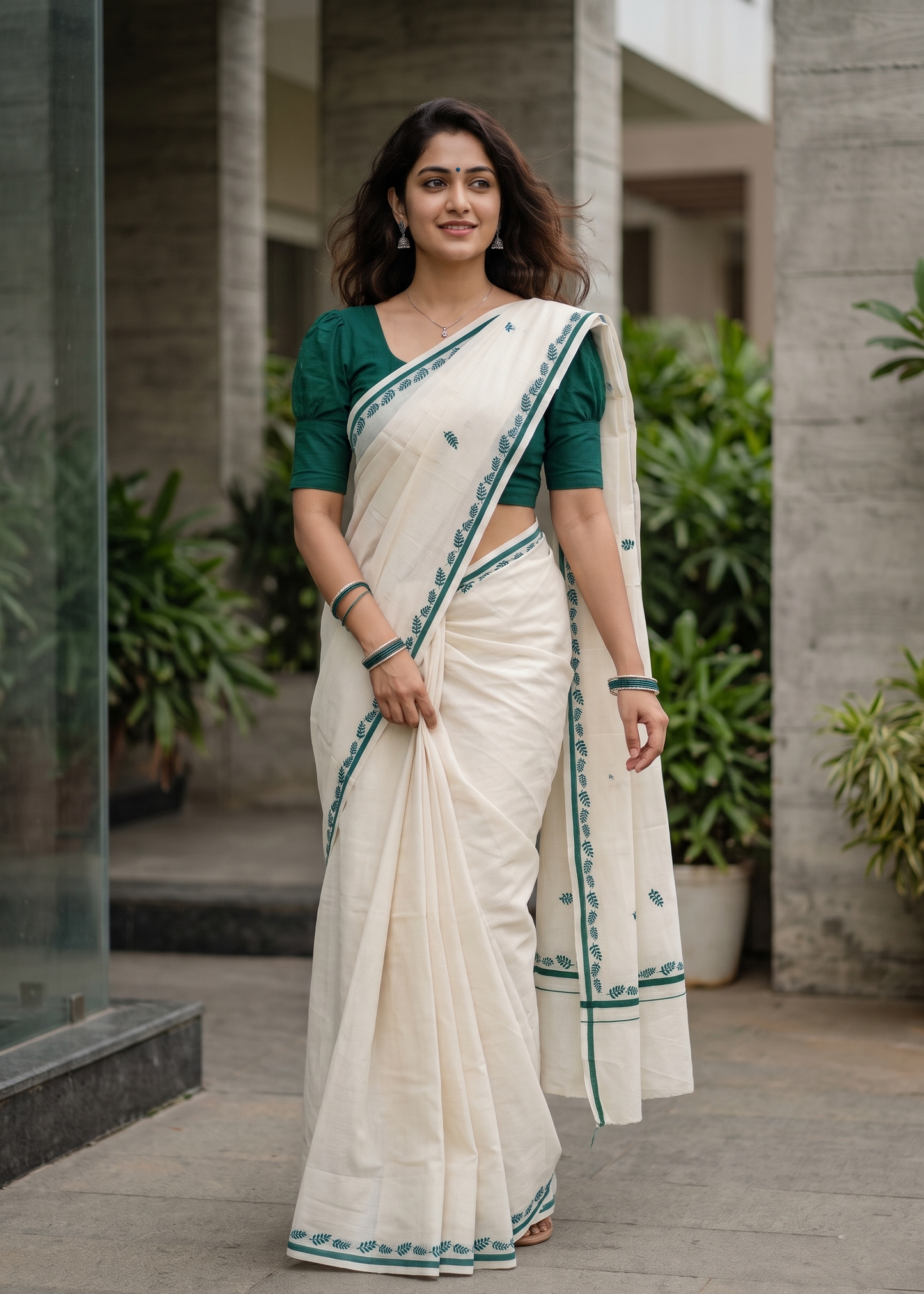 Southloom Cotton Kerala Saree With Green Prints On Border SL501
