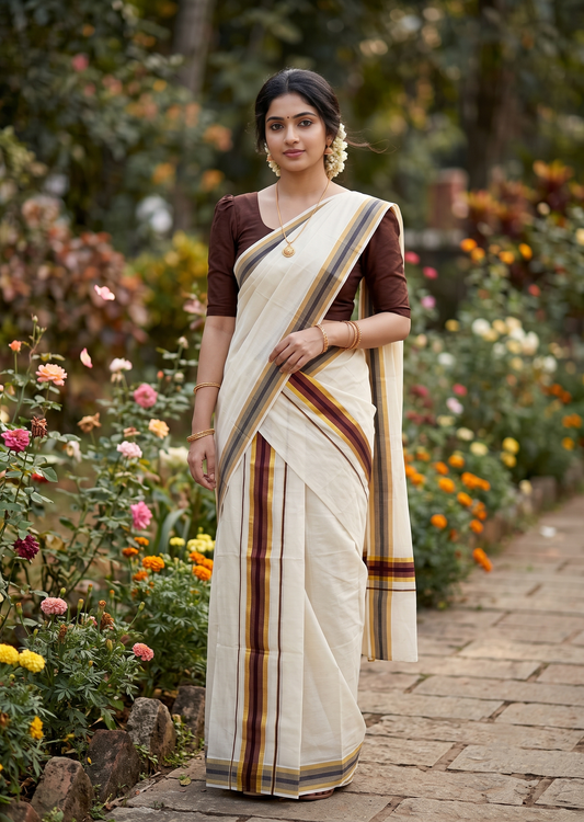 Southloom Kerala Cotton Mundum Neriyathum Single (Set Mundu) with Brown and Kasavu Border 2.80 Mtrs SLKK