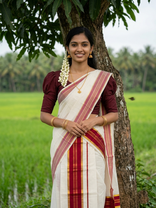 Kerala Cotton Set Mundu (Mundum Neriyathum) with Kasavu and Maroon Border in 2.80 Mtrs