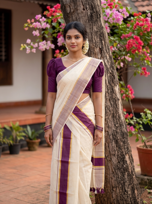 Southloom Kerala Tissue Kasavu Set Mundu (Mundum Neriyathum) with Purple Border Tassels on Pallu in 2.80 Mtrs SL381