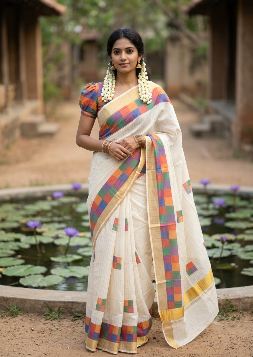 Southloom Kerala Pure Cotton Kasavu Saree in Madras Check Design SL600