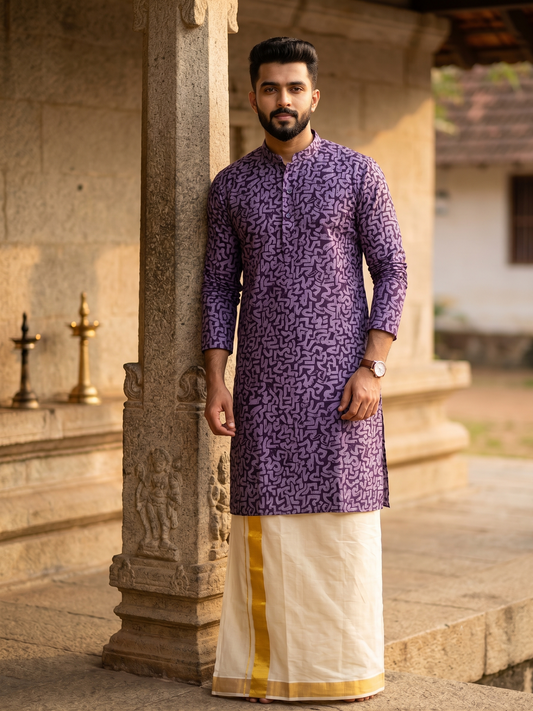 Southloom Purple Printed Semi Silk Short Kurta for Men SL590