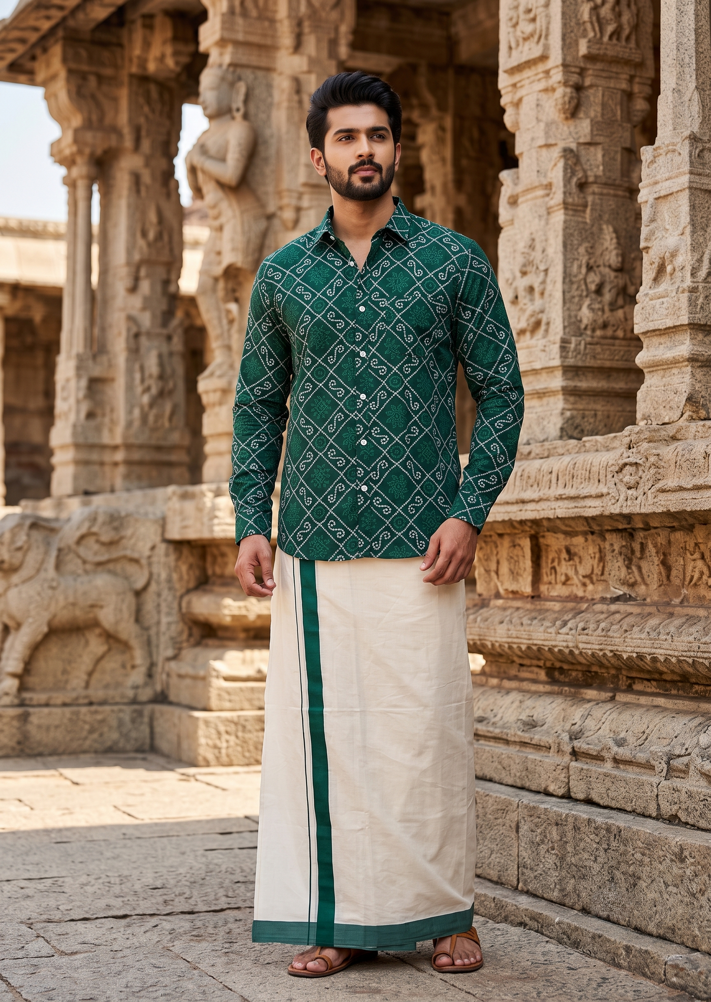 Southloom Cotton Jaipur Printed Men's Combo Full Sleeve (Shirt + Mundu) SLCOMBO SL564