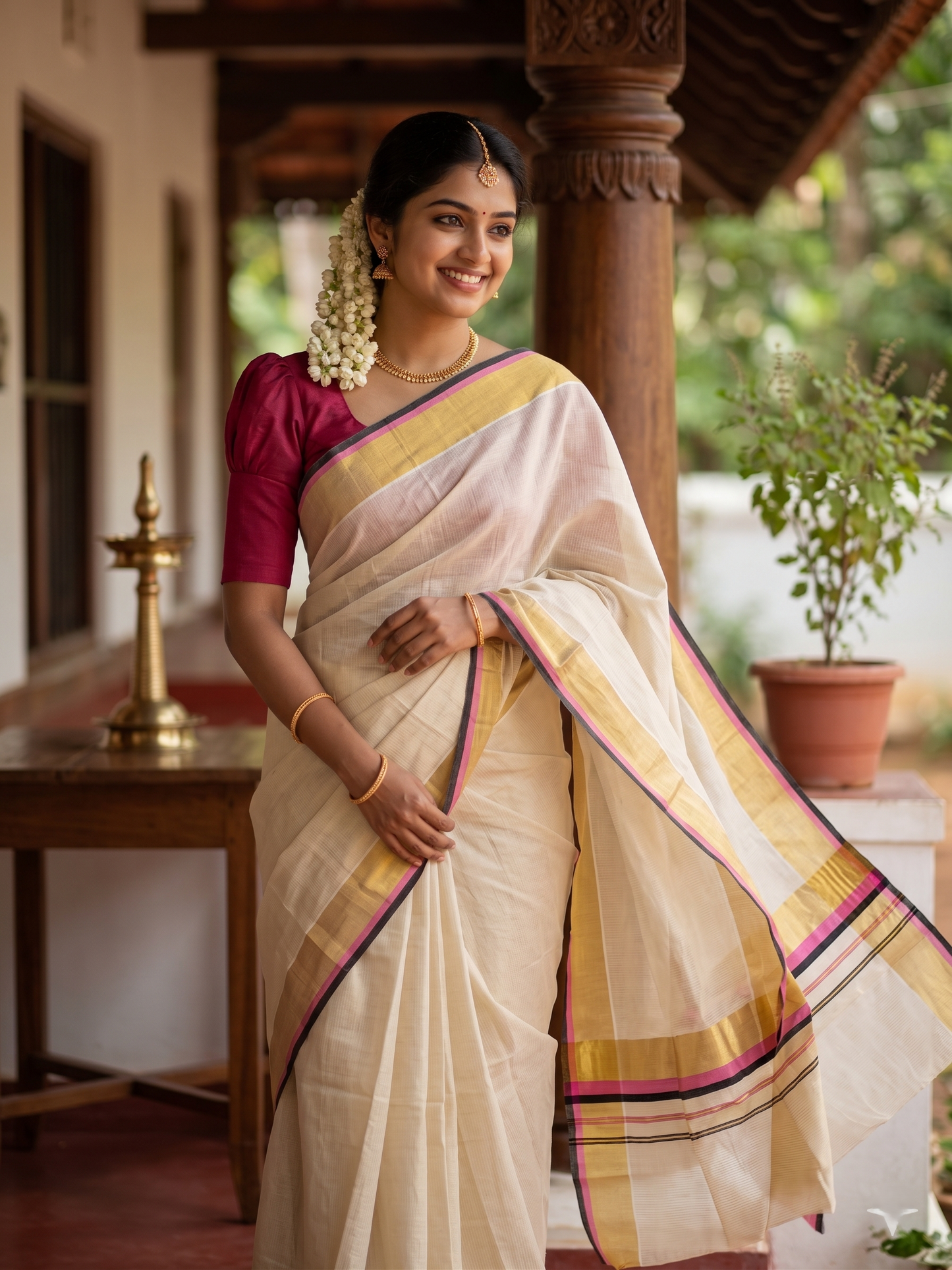 Southloom Kerala Cotton Kasavu Saree with Micro Check on Body In Pink And Black Border SL347