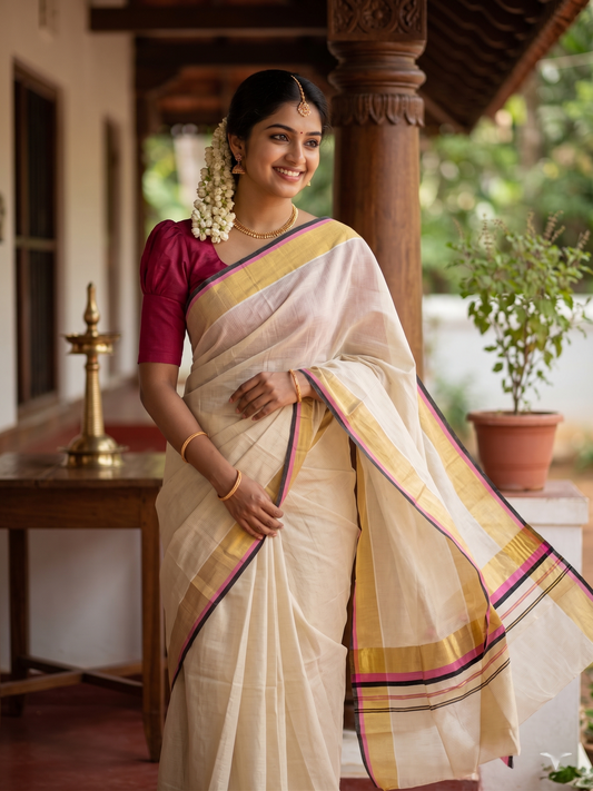 Southloom Kerala Cotton Kasavu Saree with Micro Check on Body In PInk And Black Border SL347