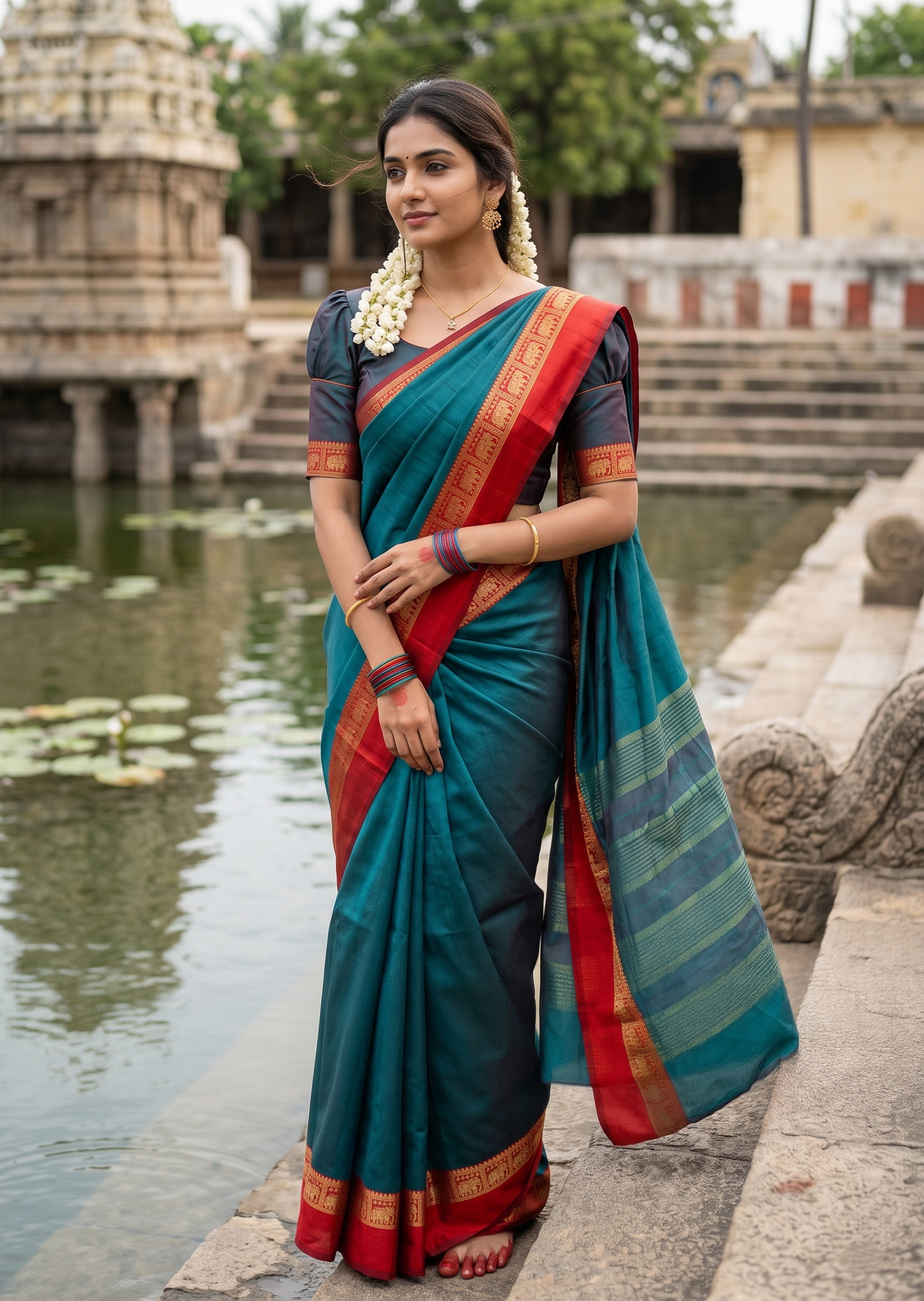 Southloom Kerala Semi Silk Narayan Pett Saree With Woven Work on the Boders With Dark Green
