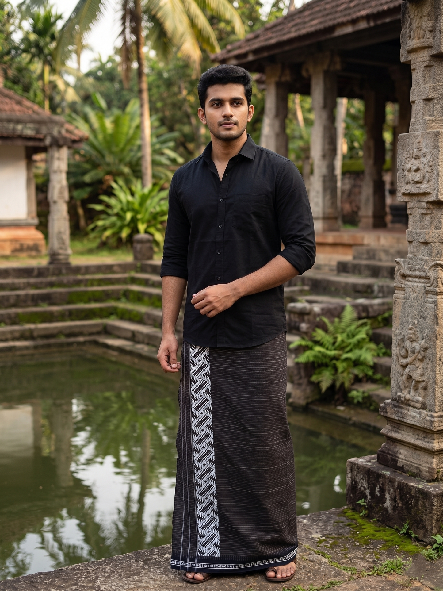 Southloom Brown Printed Single Mundu / Otta Mundu / Lungi (South Indian Kerala Dhoti)