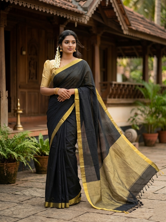 Southloom Mul Cotton 120 x 120 Soft Fabric Saree in Black And Golden Colour