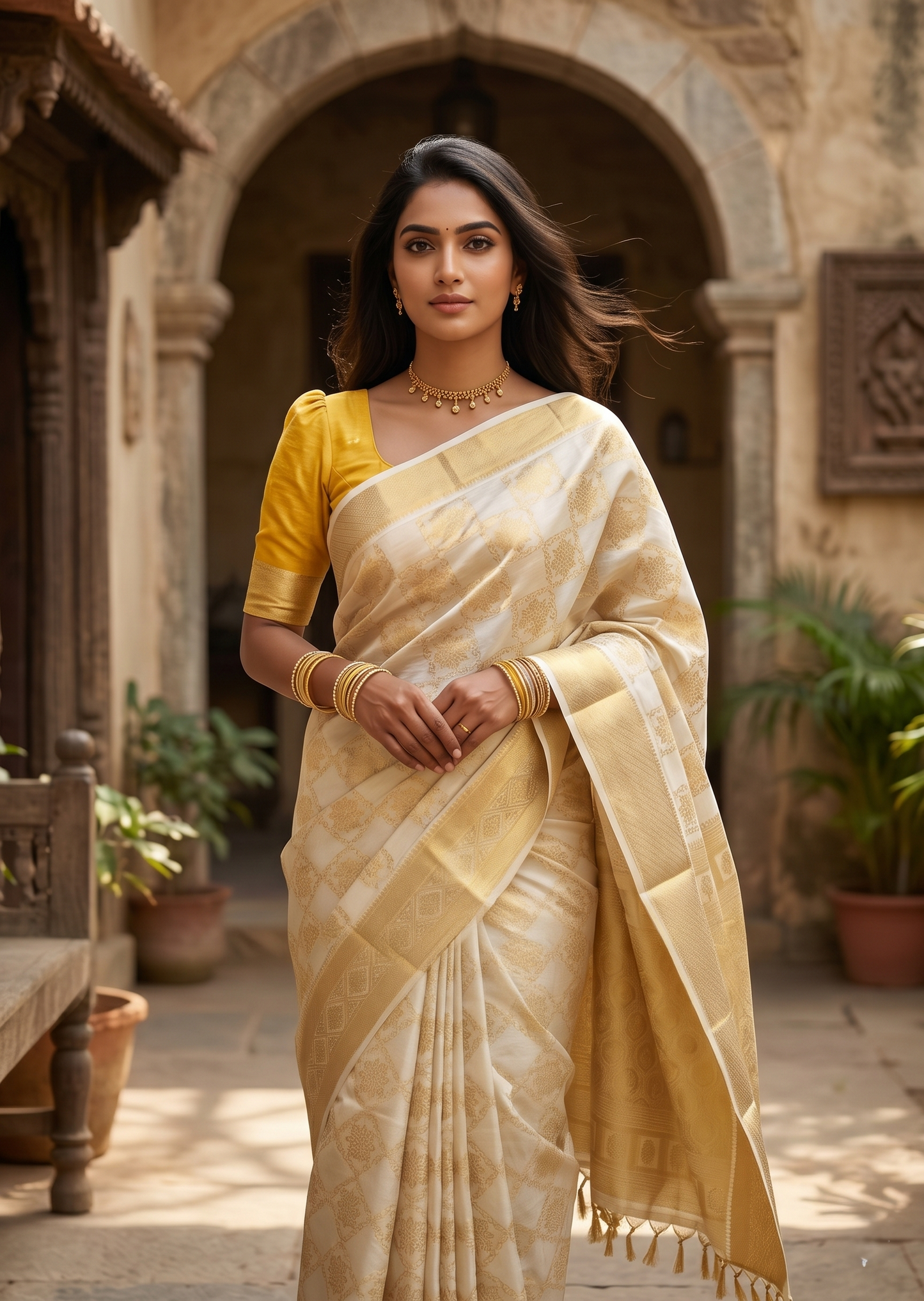 Southloom Pure Cotton Kerala Kasavu Heavy Work Saree with Floral Woven Design on Body and Temple Border SL485
