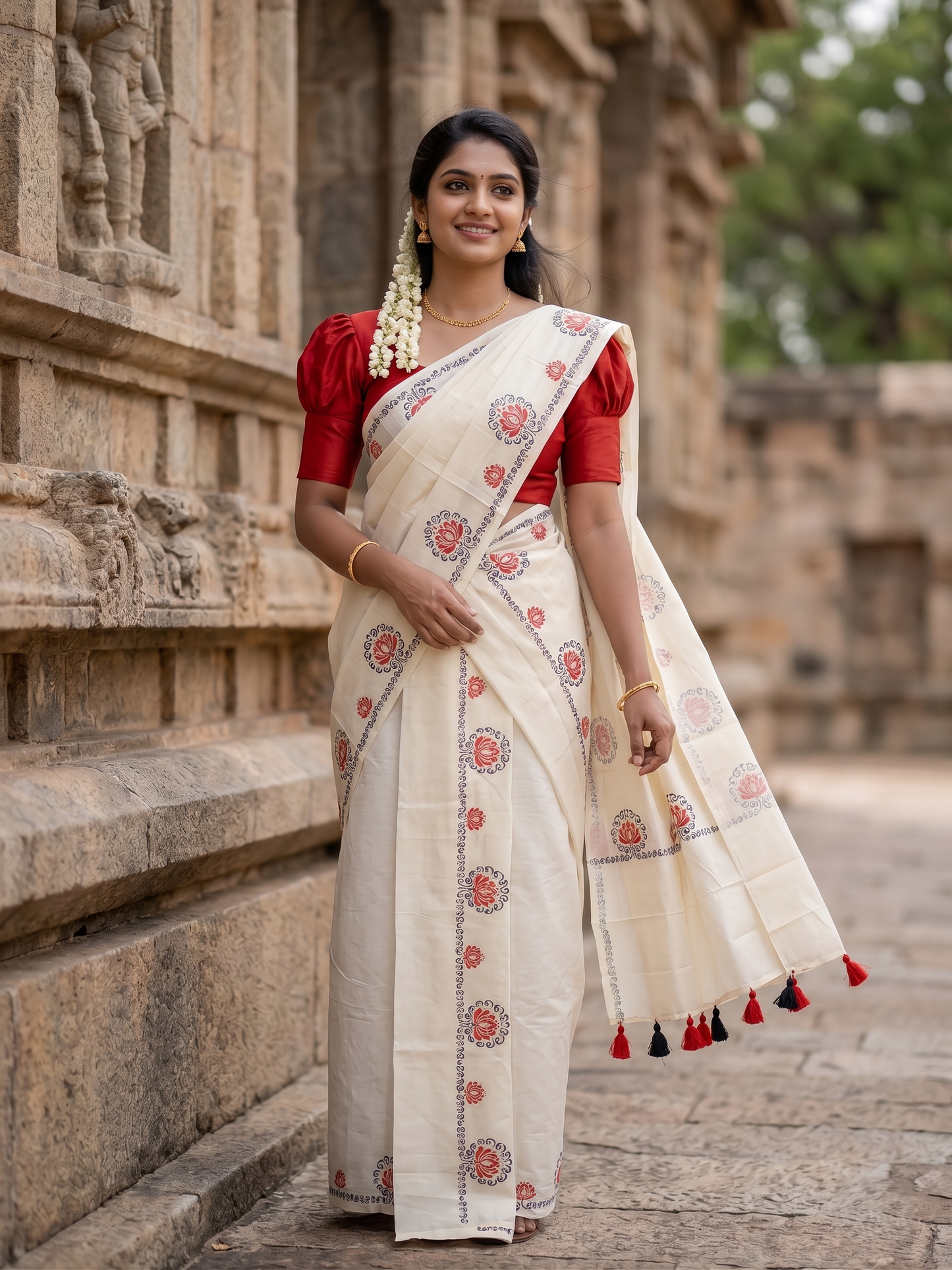 Southloom Kerala Cotton Single Set Mundu (Mundum Neriyathum) with Red &Black Lotus Block Printed Design