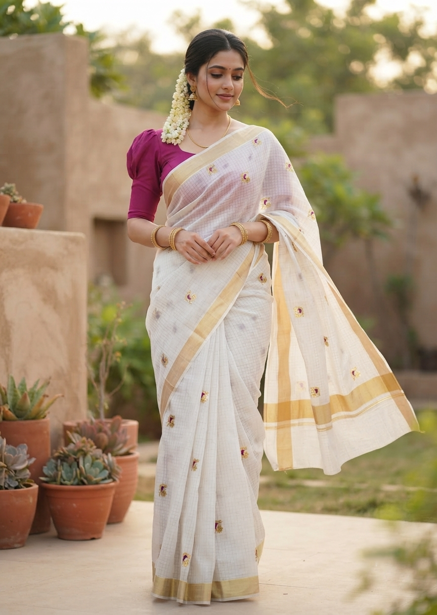 Southloom Cotton Kerala Kasavu Check Saree with Peacock Embroidery Work on Body in Magenta