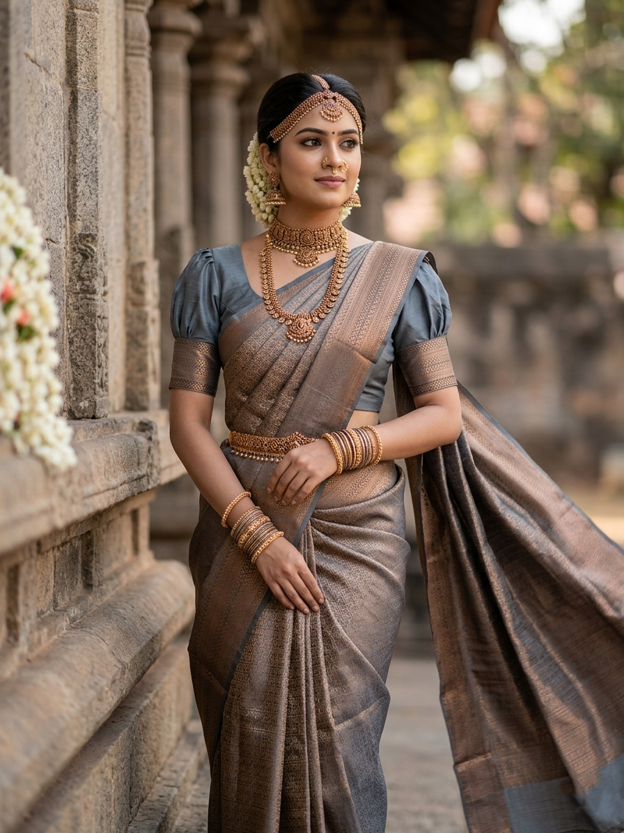 Southloom Premium Semi Silk Zari Work Bridal Brocade Saree in Grey with Matching Pallu