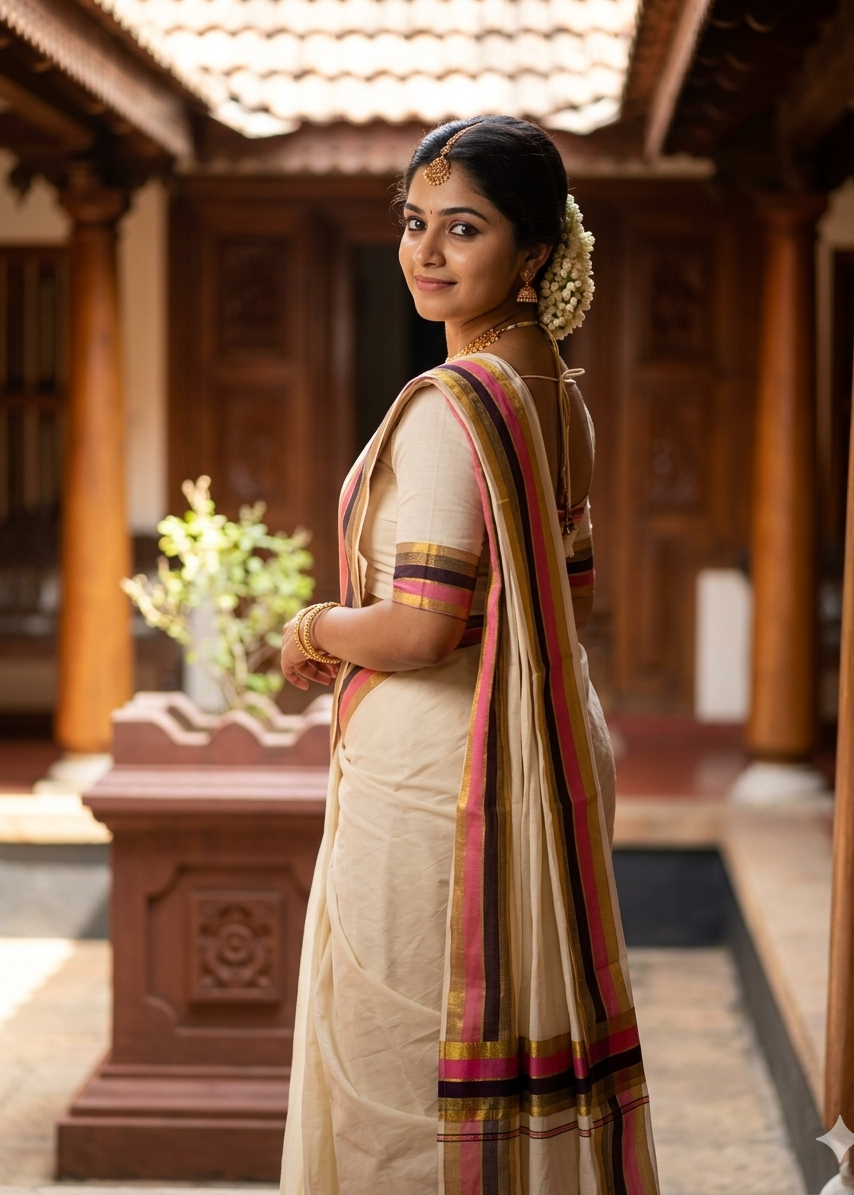 Kerala Cotton Kasavu Saree With Pink and Purple Border SL443