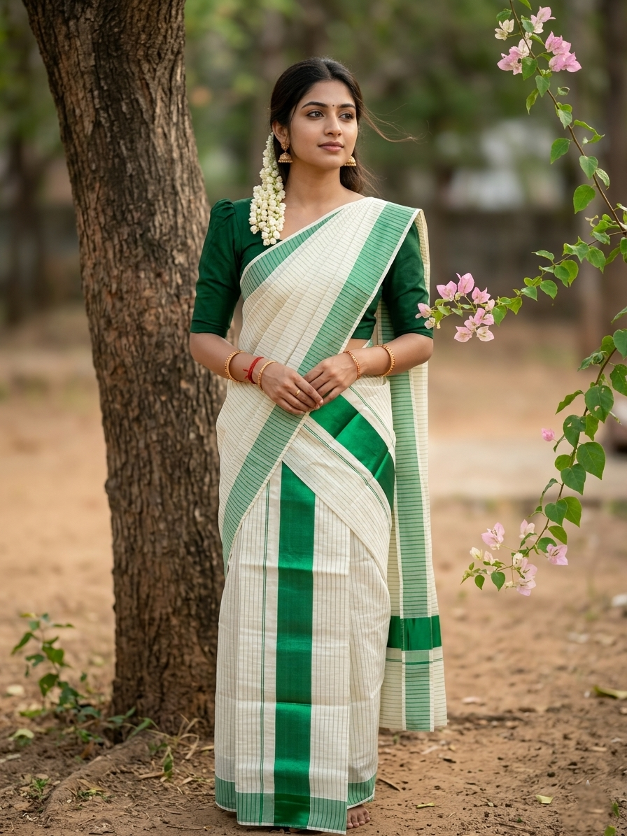 Kerala Cotton Set Mundu (Mundum Neriyathum) with Green Kasavu Lines Across Body 2.80 Mtrs