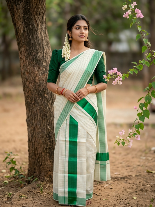 Kerala Cotton Set Mundu (Mundum Neriyathum) with Green Kasavu Lines Across Body 2.80 Mtrs