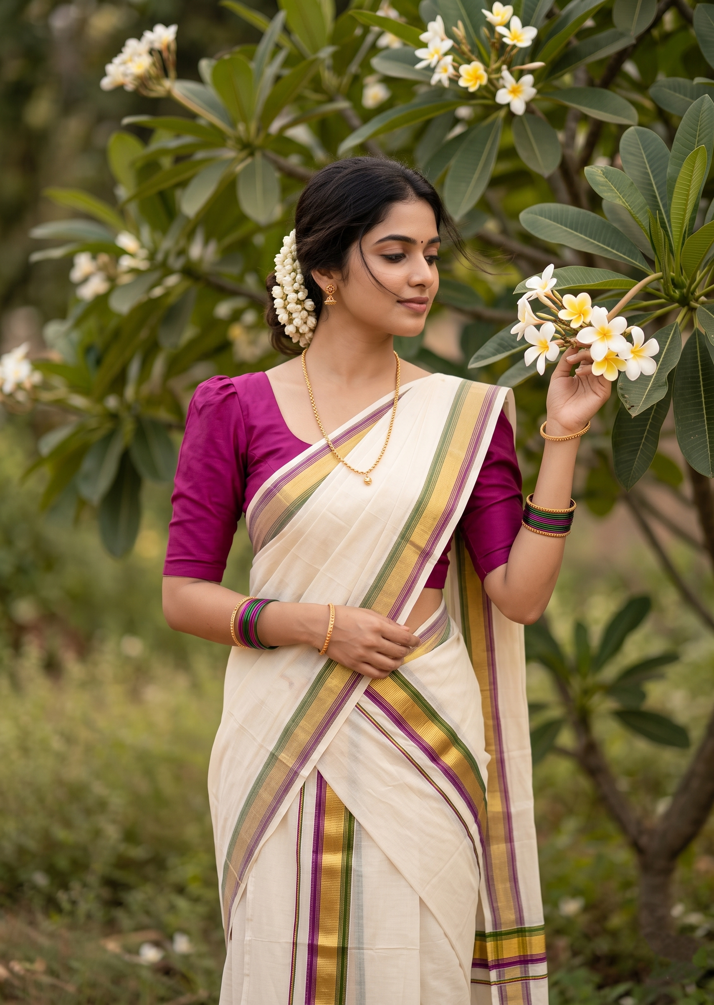 Kerala Cotton Set Mundu (Mundum Neriyathum) with Kasavu and Magenta &Olive Green Border 2.80 Mtrs SLKK SL470