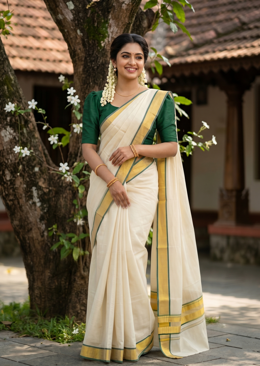 Southloom Kerala Cotton Kasavu Saree with Micro Stripes on Body In Green Border SL361