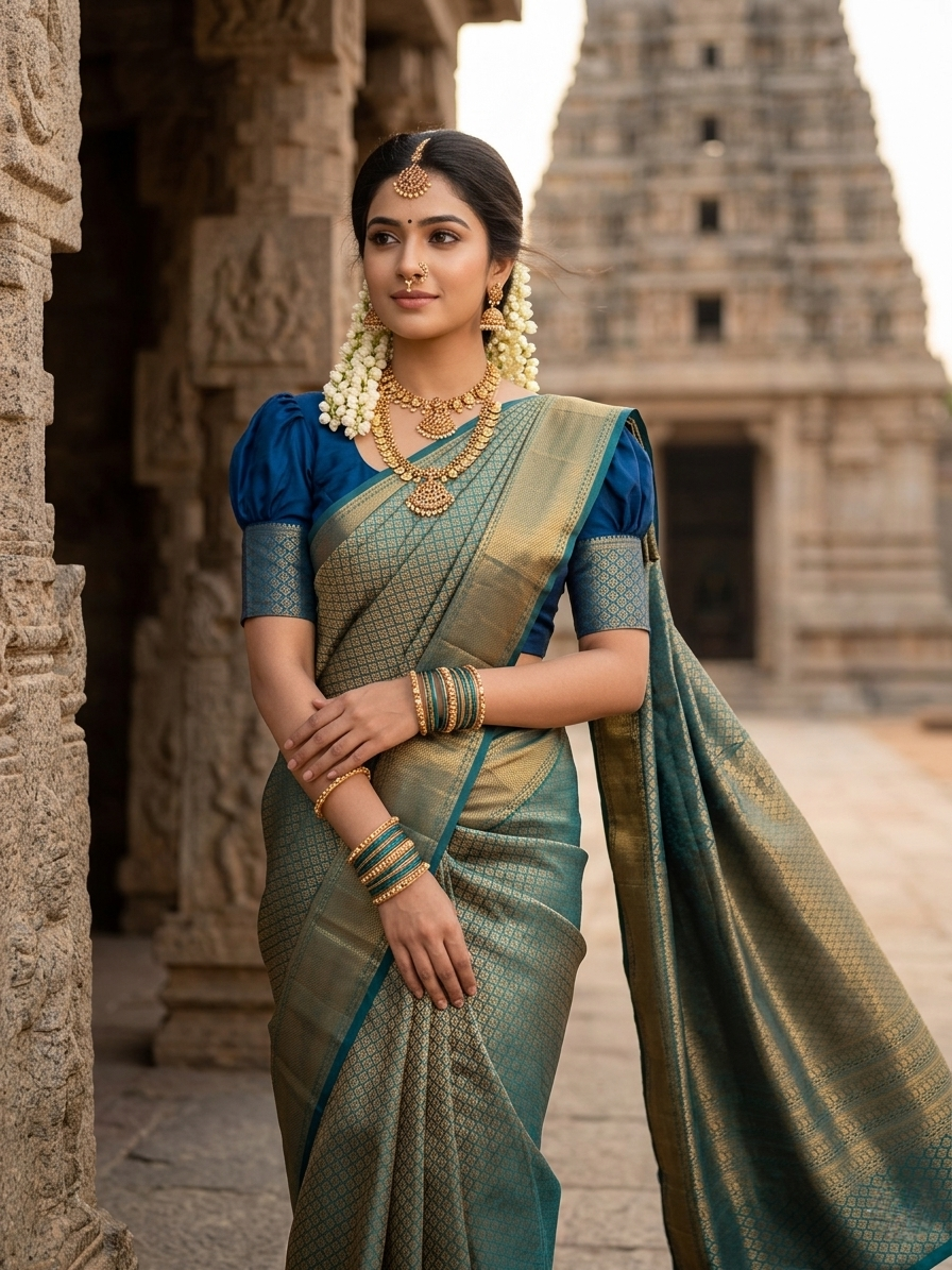 Southloom Banarasi Silk Brocade Bridal Saree WIth Woven Borders