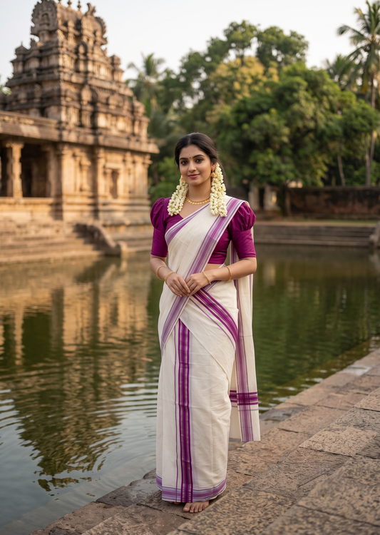 Southloom Kerala Cotton Set Mundu (Mundum Neriyathum) with Silver Kasavu and Magenta Border 2.80 Mtrs SLKK