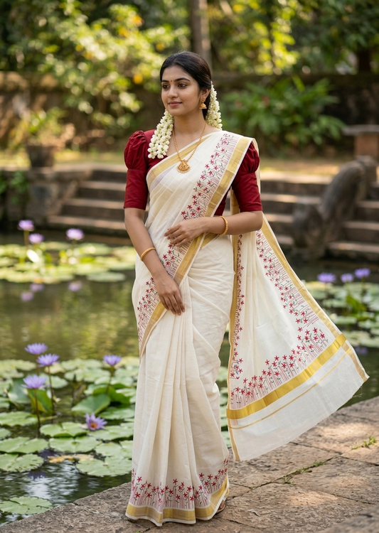Southloom Kerala Cotton Saree with Floral Prints On Border SL614