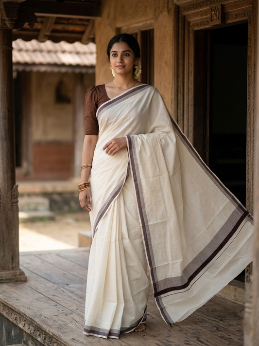 Pure Cotton Off White Kerala Saree with Brown Shaded Border