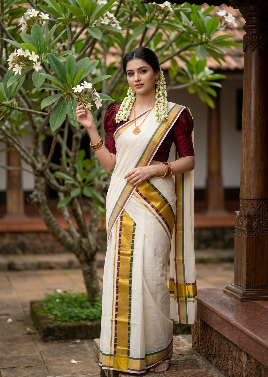 Southloom Premium Handloom Set Mundu with Maroon & Green Design On Border and Kasavu Lines Across Body 2.80 Mtrs