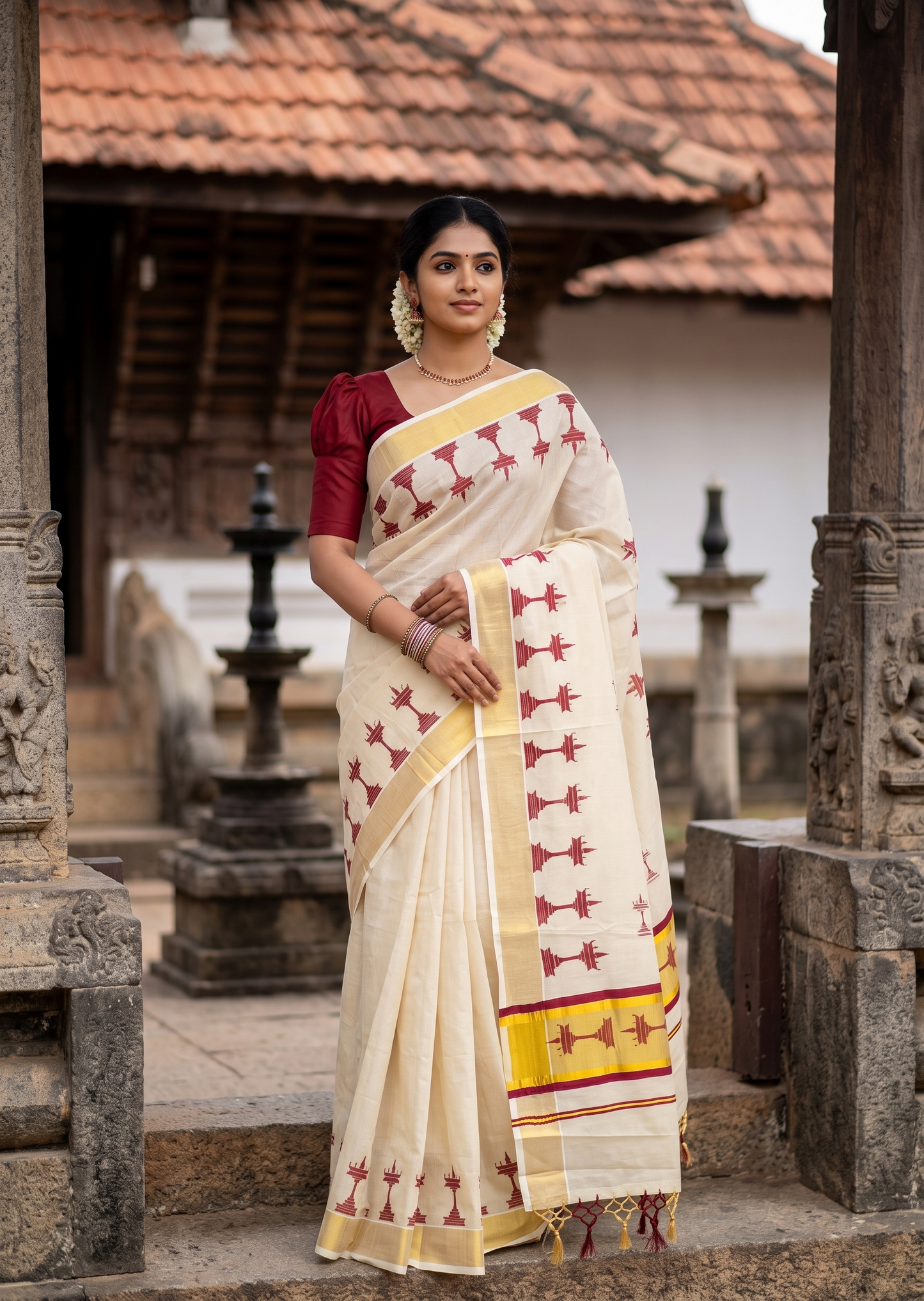 Southloom Kerala Tissue Saree with Nilavilakku Digital Print Design in Maroon SL568