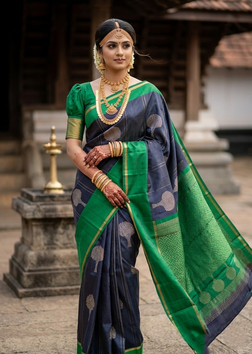 Southloom Pure Handloom Bridal Kanchipuram Silk Saree with Butta Work(Blue& Green)