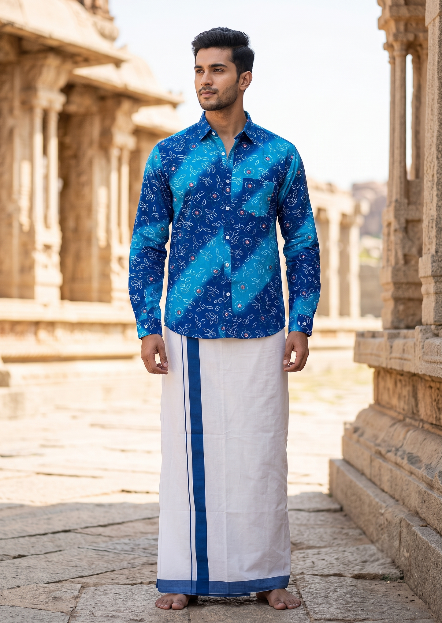 Southloom Cotton Jaipur Printed Men's Combo Full Sleeve (Shirt + Mundu) SLCOMBO SL564