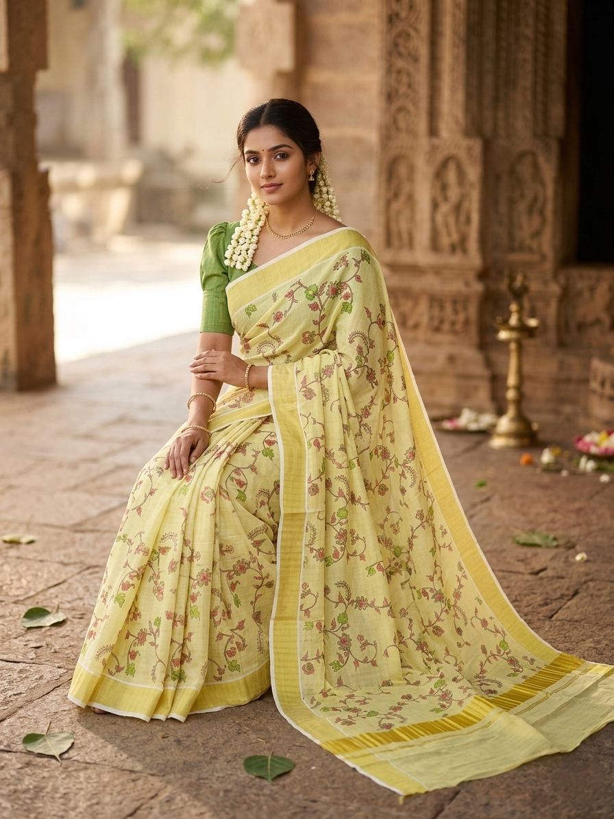 Southloom Tissue Check Kalamkari Print Kerala Kasavu Saree in Green