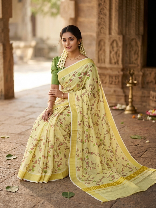 Southloom Tissue Check Kalamkari Print Kerala Kasavu Saree in Green