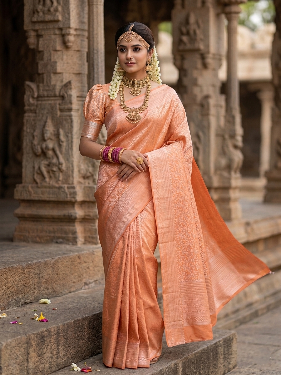 Southloom Premium Semi Silk Zari Work Bridal Brocade Saree in Pastel Orange with Matching Pallu