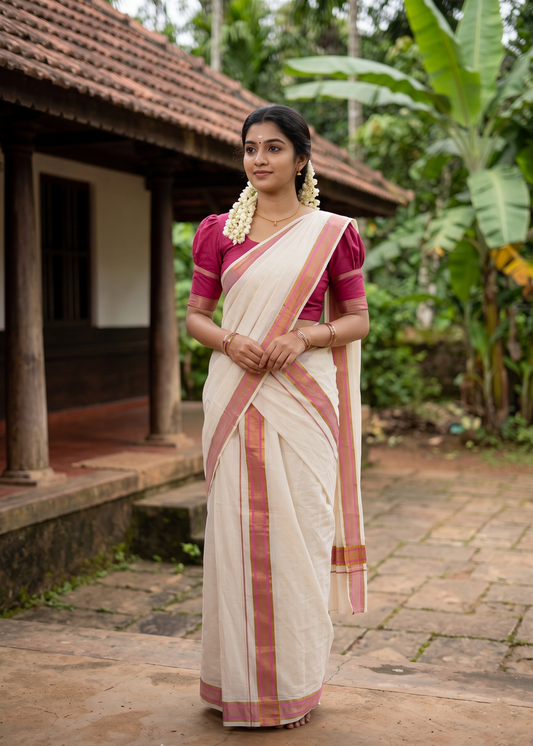 Kerala Cotton Kasavu With Kara Single Set Mundu (2.80 mtrs)  SL424