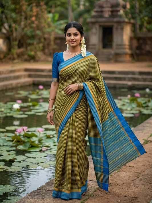 Southloom Semi Silk Saree with Micro Check on  Body in Yelloew And Blue