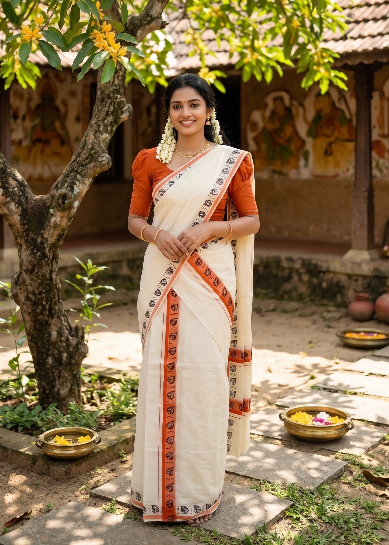 Southloom Kerala Mulloth Cotton Single Mundum Neriyathum with Digital Prints in Orange 2.80 Mtrs SL378