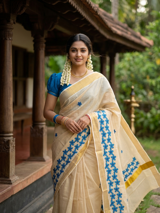 Kerala Tissue Kasavu Saree with Blue Floral Embroidery Works SL366