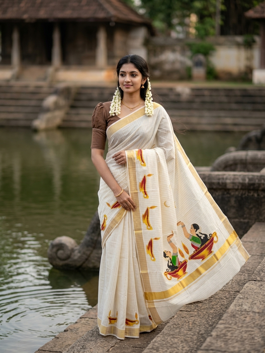 Southloom Kerala Cotton Kasavu Line Saree with Hand Painted & Embroidery Design