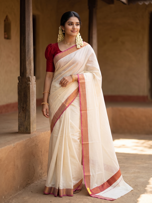 Southloom Cotton Kerala Saree with Pink Border