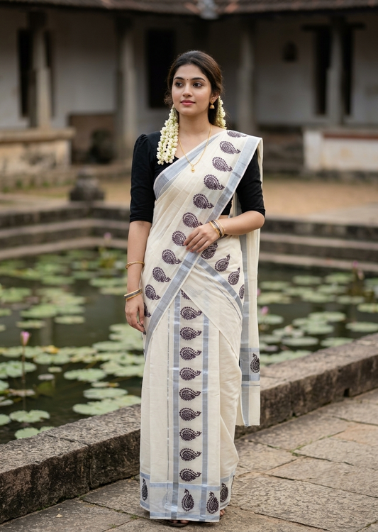 Southloom Kerala Pure Cotton Set Mundu Single (Mundum Neriyathum) with Silver & Black Border in 2.80 Mtrs SL570