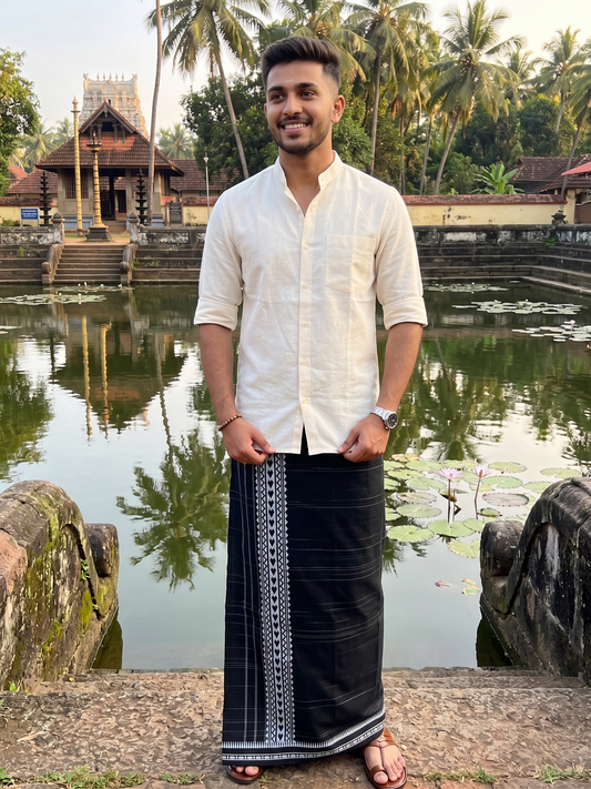 Southloom Black Printed Single Mundu / Otta Mundu / Lungi (South Indian Kerala Dhoti)