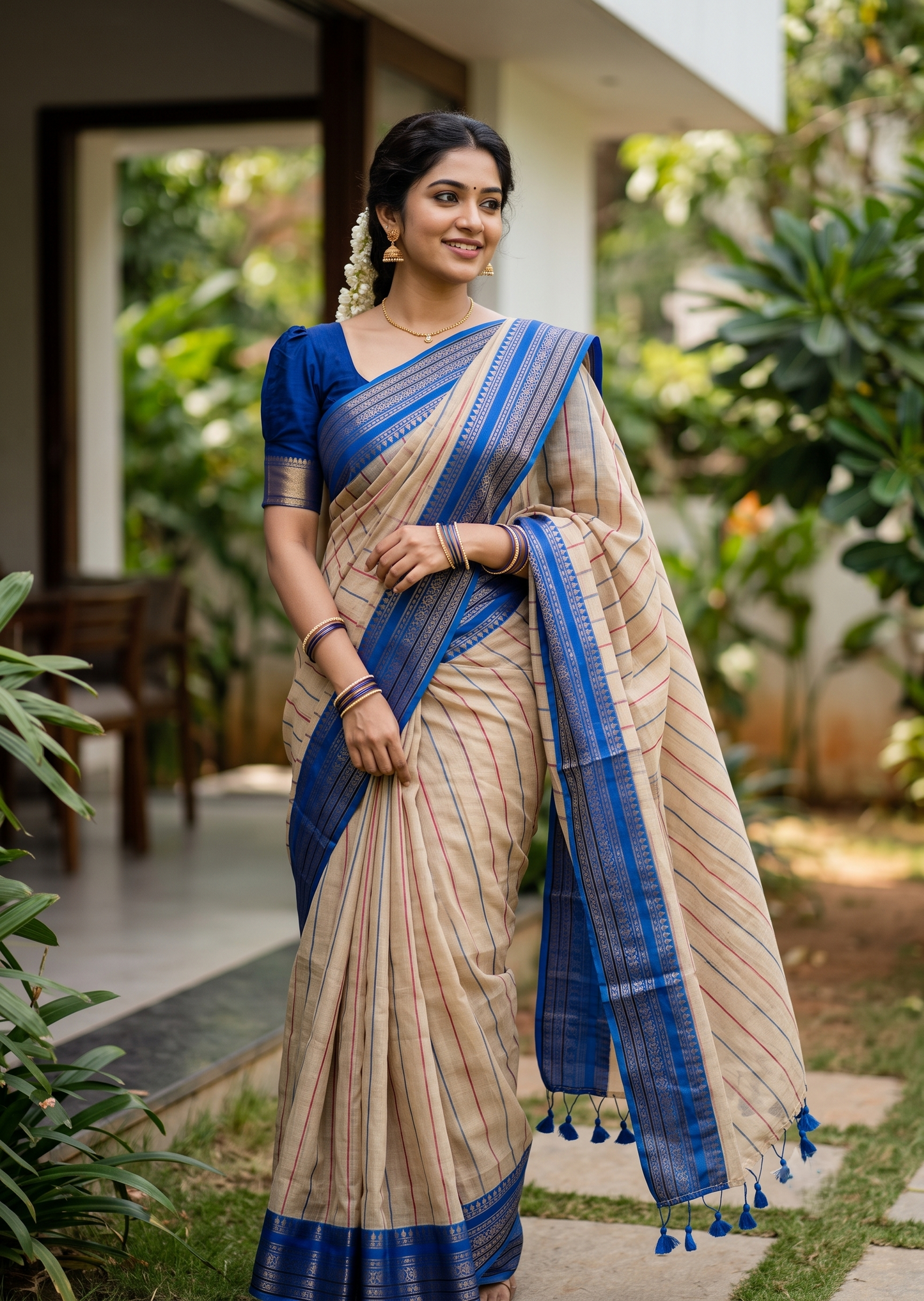 Southloom Mul Cotton 120 x 120 Soft Fabric Saree with Blue Kanchi Border SL215