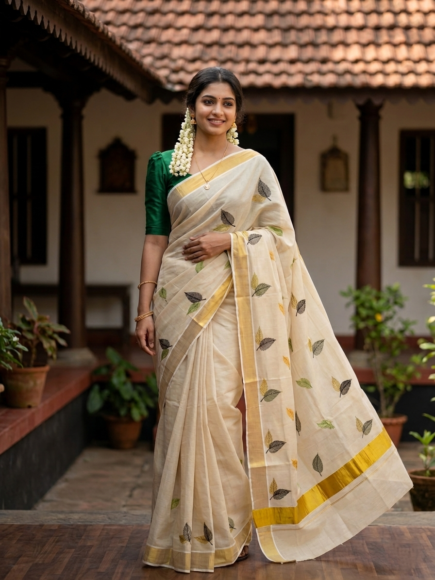 Kerala Tissue Kasavu Saree with Green Orange And  Brown Leaf Embroidery Works