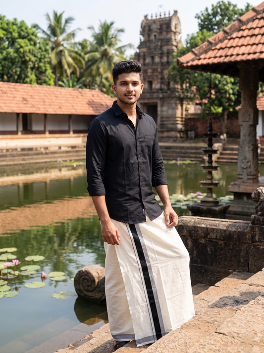 Southloom Kerala Pure Cotton Double Mundu with Black Lines And Black Border (South Indian Kerala Dhoti)