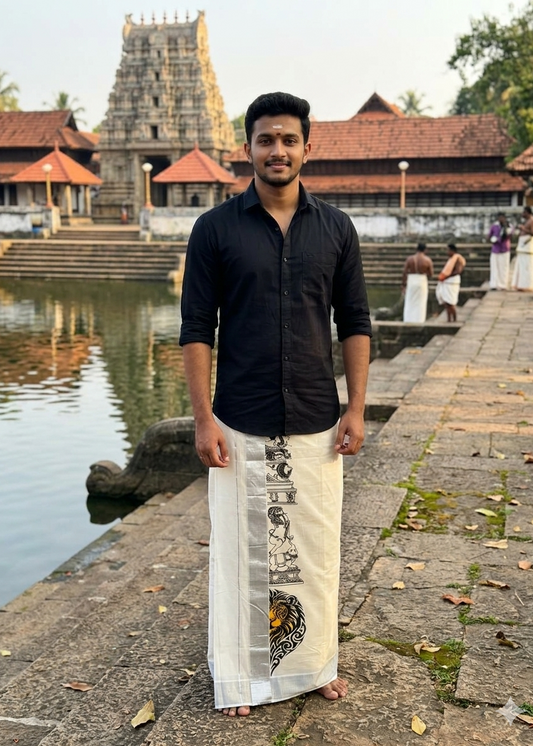 Cotton Lion Printed Silver Kasavu Double Mundu SL0017