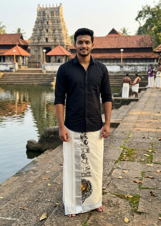 Cotton Lion Printed Silver Kasavu Double Mundu SL0017 (ASL)