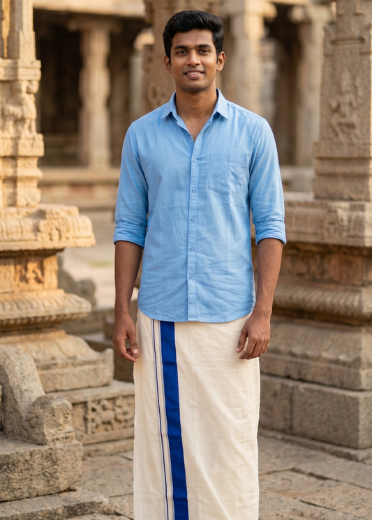 Southloom Kerala Pure Cotton Double Mundu with Blue Border (South Indian Kerala Dhoti)