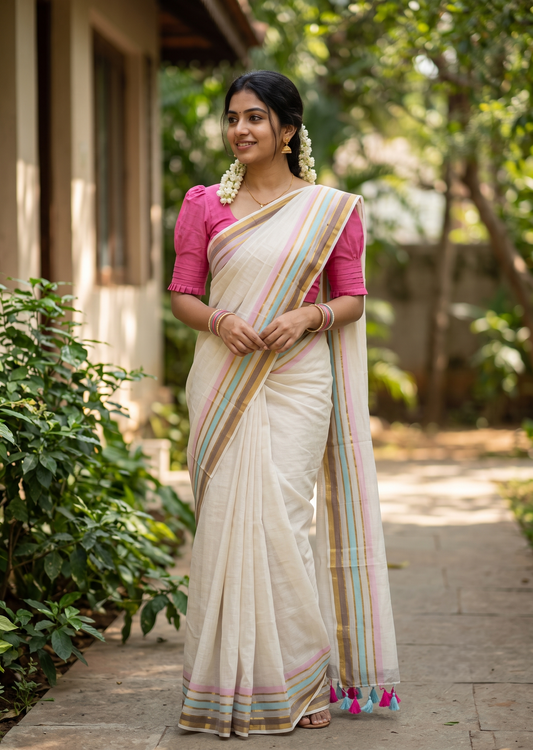 Southloom Mul Cotton 120 x 120 Soft Fabric Saree with  Blue&Pink Border SL215