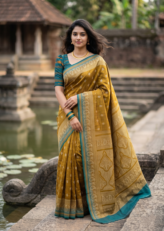 Southloom Muslin Cotton Saree With Floral Prints on the Body and Borders